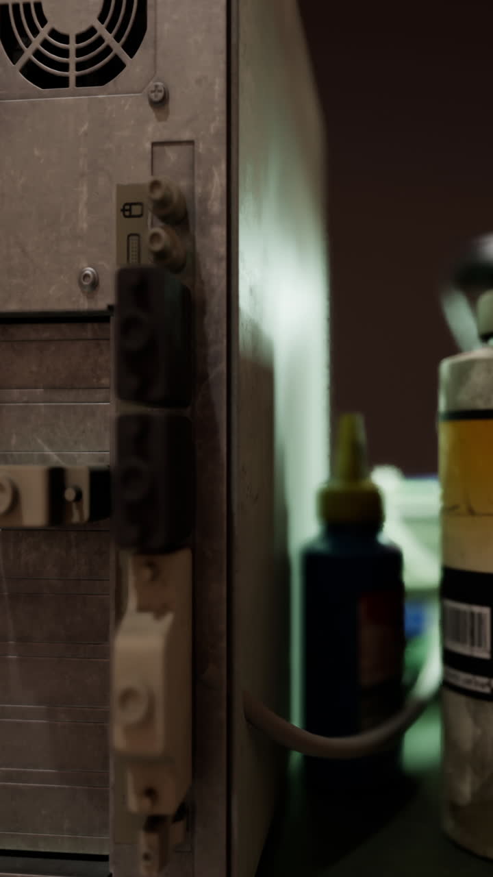 오래된 컴퓨터 서버의 뒷 패널의 클로즈업