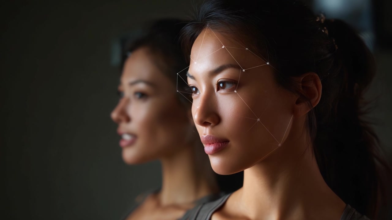 一幅迷人的女性肖像，几何面部图案在柔和灯光下突显美感、反思与科技。