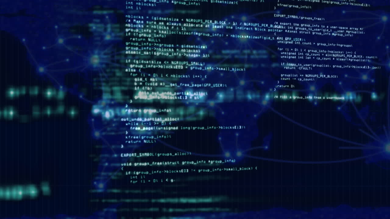 Animation of network of connections and data processing over dark background