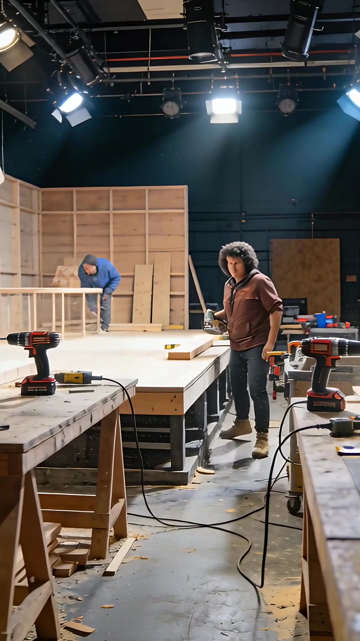 Vertical video: Grabbing sander, man in brown hoodie sanding plank on shop bench for frame assembly