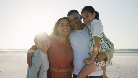 Parents,-children-and-beach-with-smile-on-face