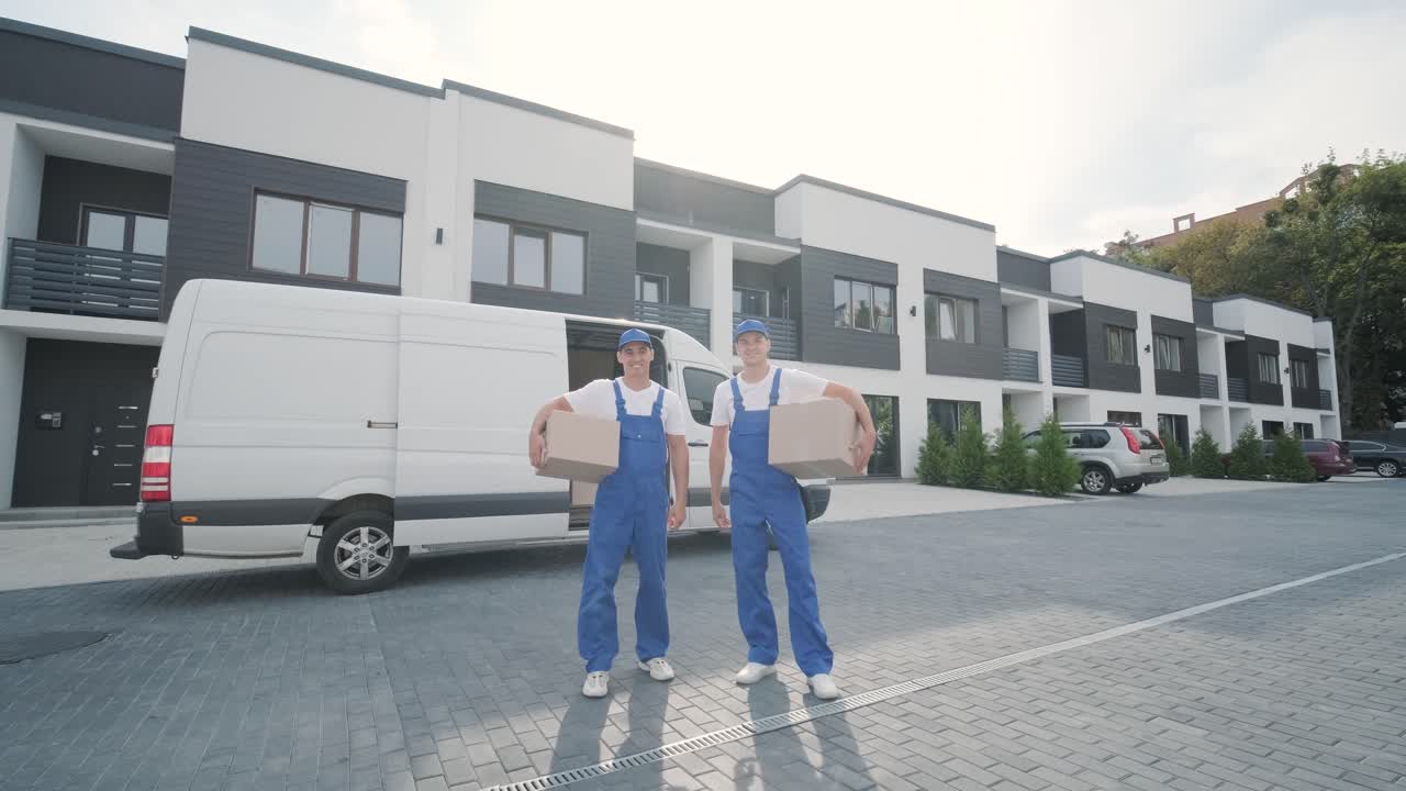 Two young workers of removal company deliver boxes to a customer's home