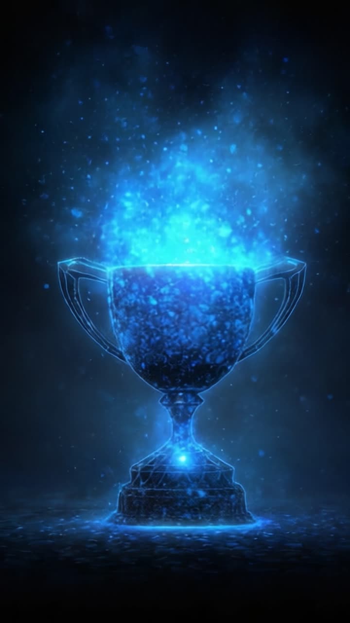 Una visualizzazione mozzafiato di un trofeo circondato da scintillanti particelle blu, che rappresenta il successo e la celebrazione in un'atmosfera mistica di luce ed energia.