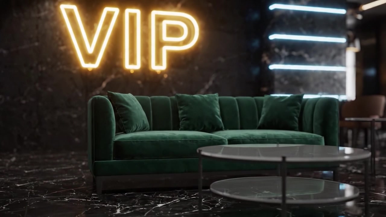 Ylellinen VIP-lounge moderneilla vihreillä samettituoleilla ja neonkyltillä, korostaen eleganttia tunnelmaa, joka sopii täydellisesti eksklusiivisiin sosiaalisiin tilaisuuksiin tai juhliin.