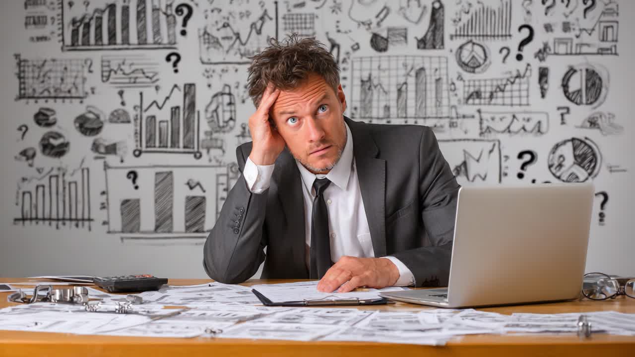 A Pensive Businessman Analyzing Data in Front of Hand-Drawn Graphs with a Laptop on His Desk, Illustrating the Challenges of Decision Making in a Data-Driven Environment