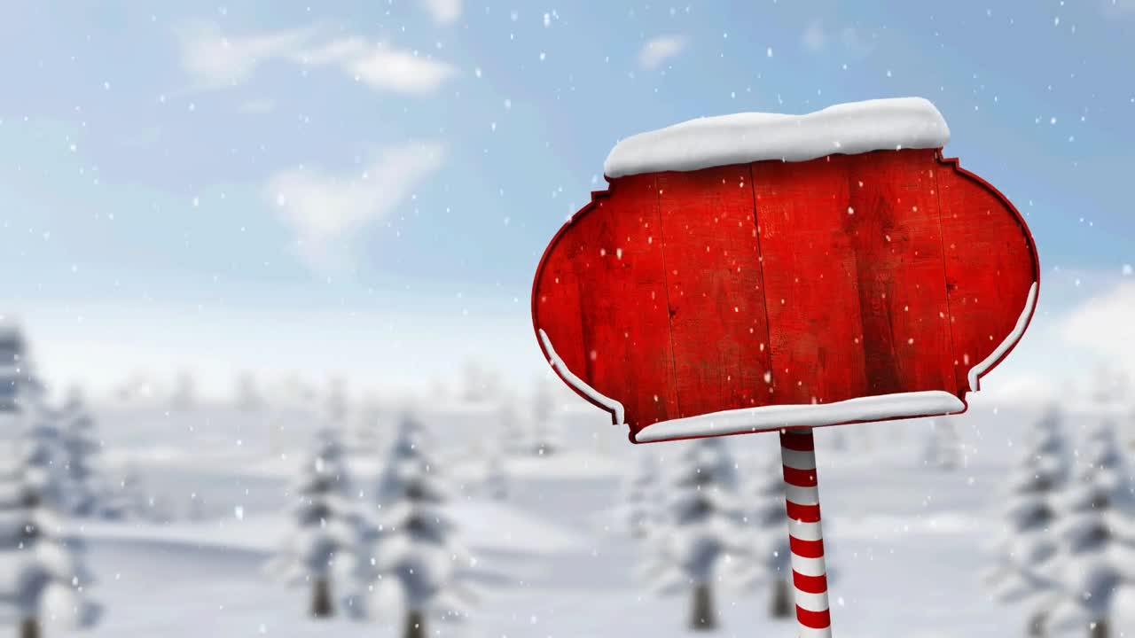 겨울 풍경 위에 복사 공간이 있는 눈이 떨어지고 북극 표지판의 애니메이션