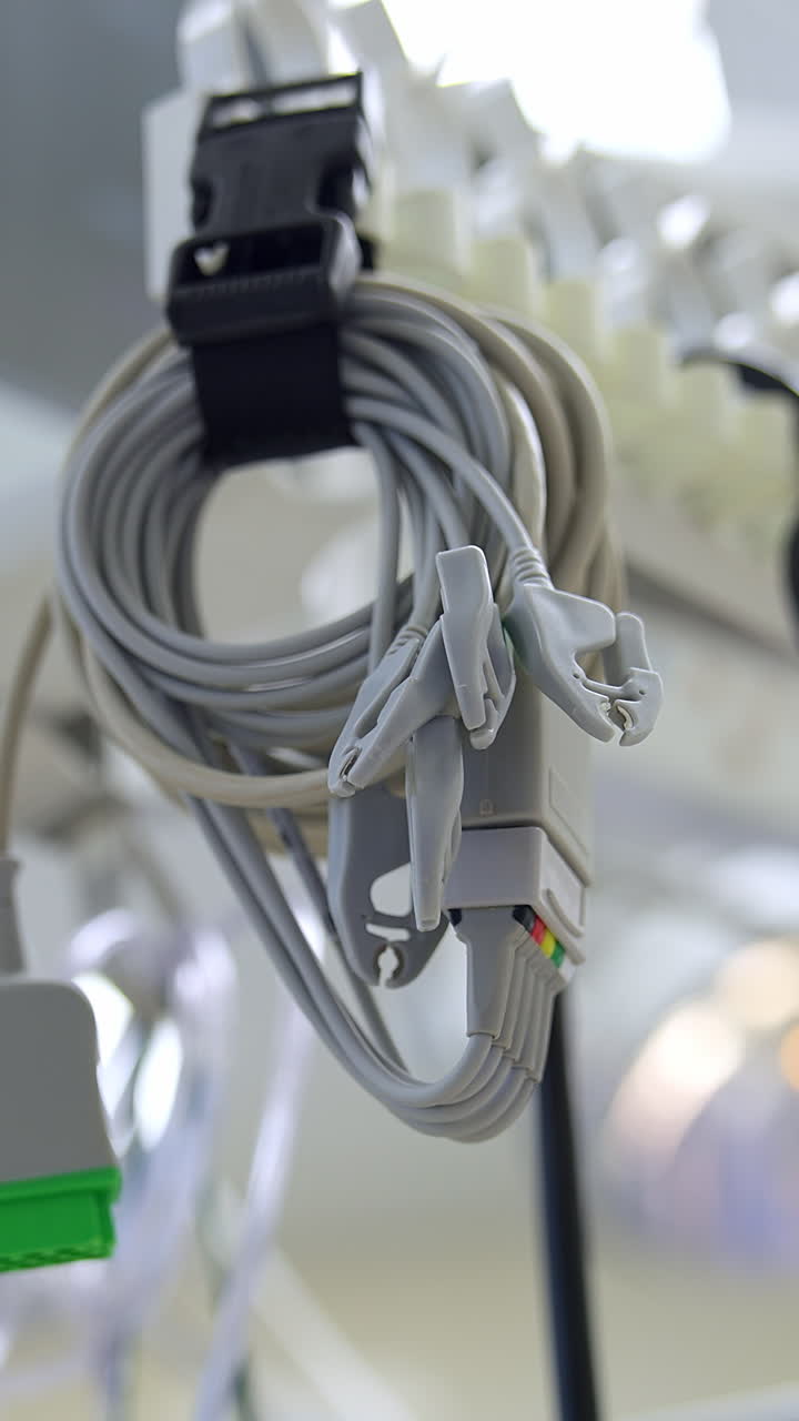 White wires from equipment hanging near the stethoscope in operational theatre. Low angle view. Blurred backdrop. Vertical video