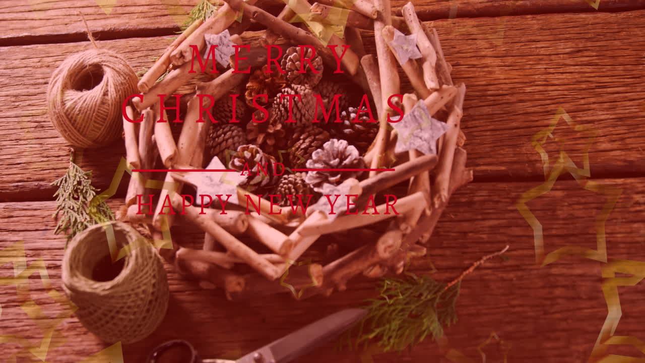 나무 표면에 크리스마스 장식물에 대한 메리 크리스마스 텍스트 배너와 별의 애니메이션