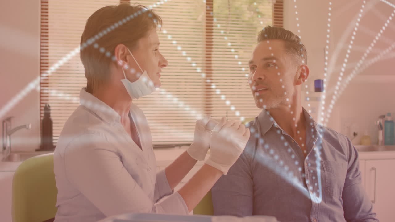 환자와 대화하는 백인 여성 의사의 dna  ⁇ 의 애니메이션