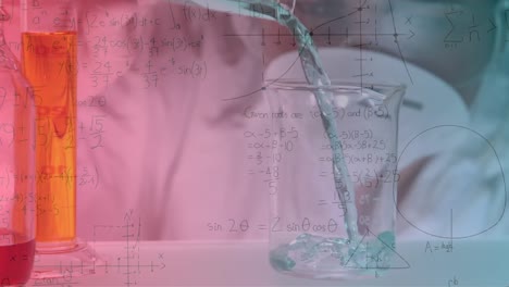 animation of mathematical equations over mid section of a scientist pouring chemical in a beaker