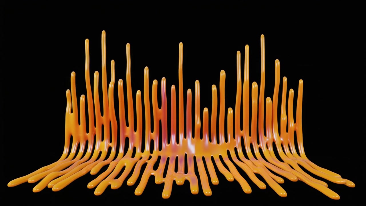 Abstrakte 3D-Animation von aufsteigenden orangefarbenen Flüssigkeitsspitzen.