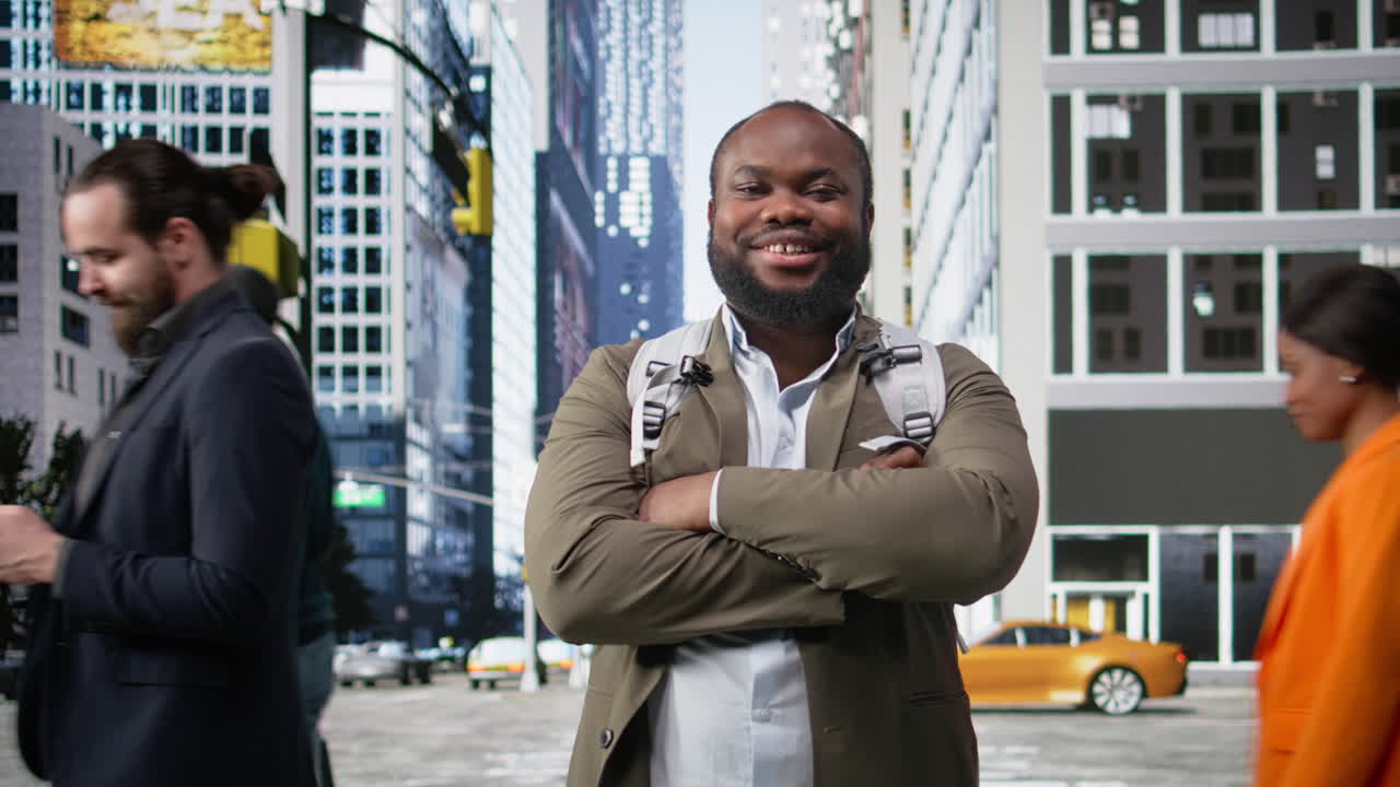 Street portrait of black businessman with a backpack during morning commute