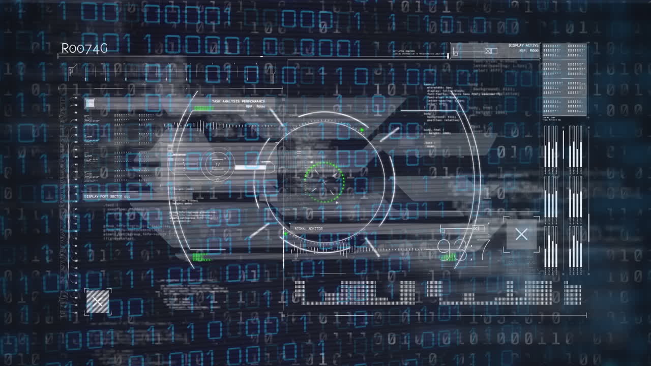 Animation of scope scanning and data processing on black background