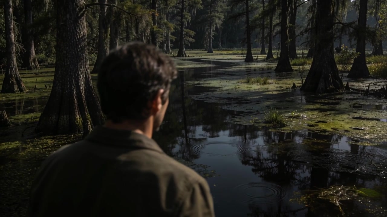 Noticing ripple, man in dark olive jacket turning head at cypress swamp, seeking ripple source