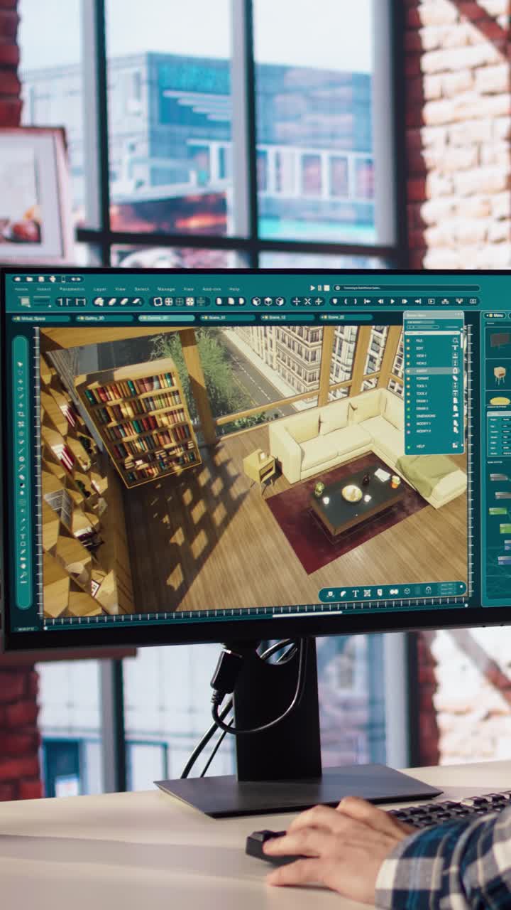 Vertical video Man looking at CAD software interface on PC, making home floor plans