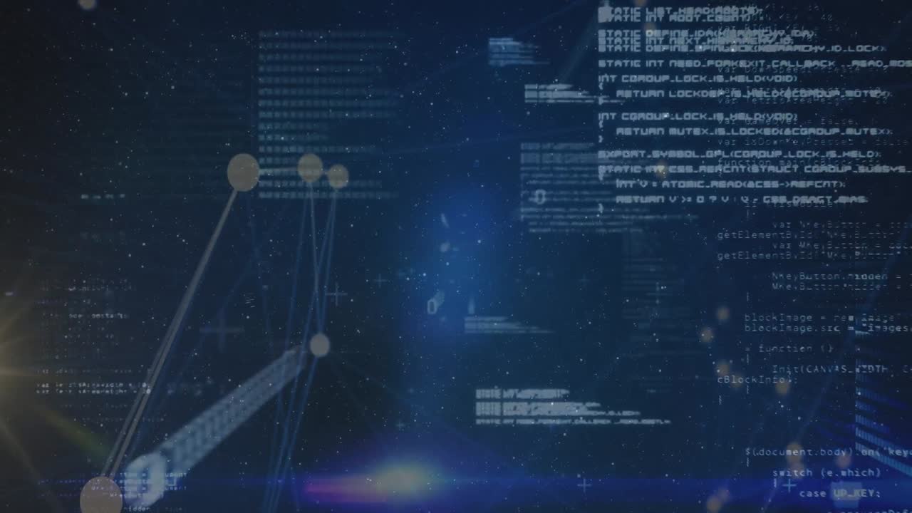 Animation of connections, data processing and dots of light on navy background