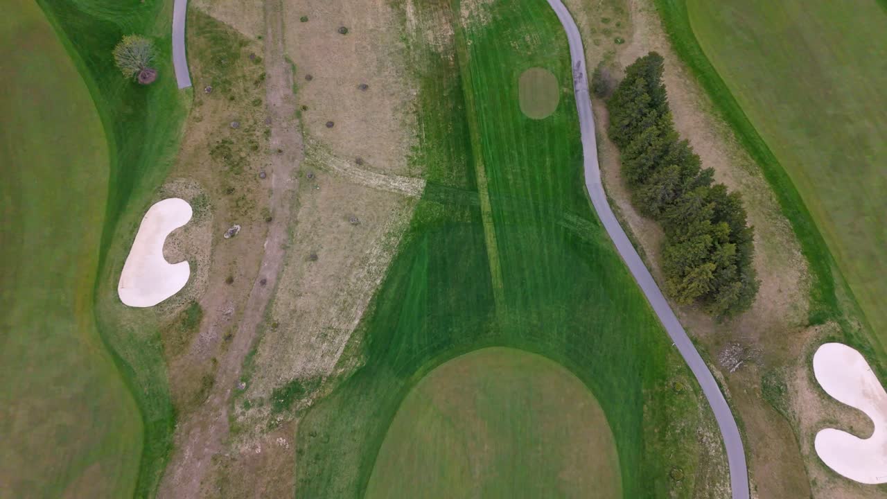 Aerial top down of golf Course at TPC Toronto Osprey Valley Golf Course. Ring shot. Green grass and lawn with sand.