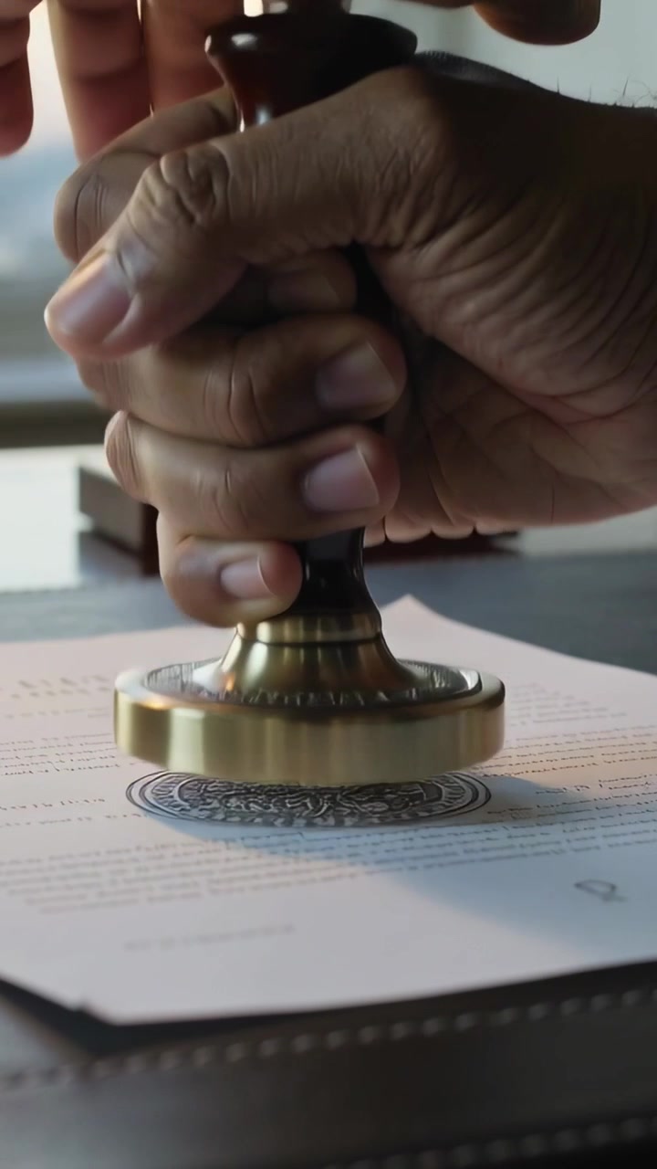 Video verticale: Mano che preme un sigillo in ottone su un documento sulla scrivania vicino alla finestra, imprimendo il sigillo