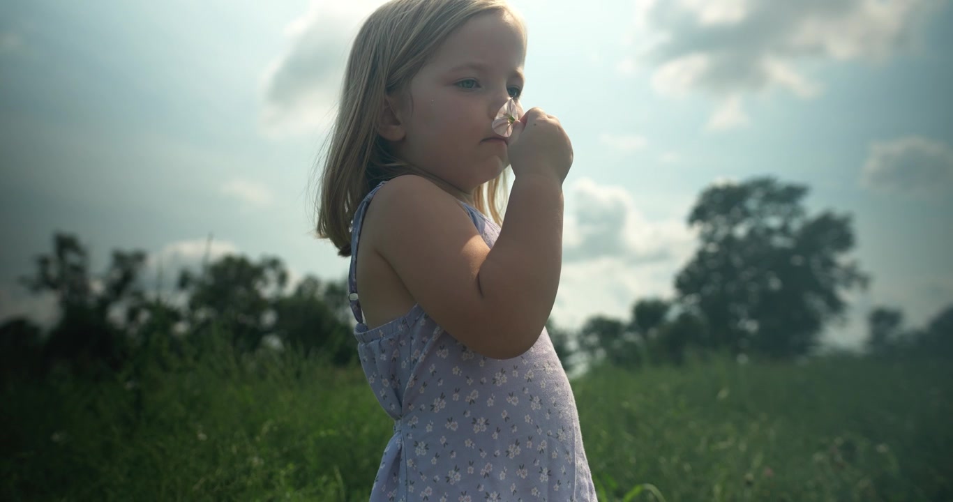 Uma jovem garota está em um campo aberto durante o verão, cercada por uma vegetação exuberante. A cena transmite uma sensação calorosa e nostálgica.