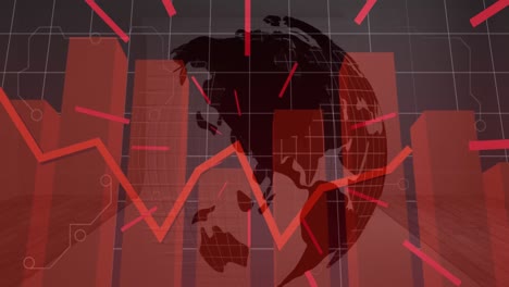 animation of statistics and data processing and globe over grid and dark background