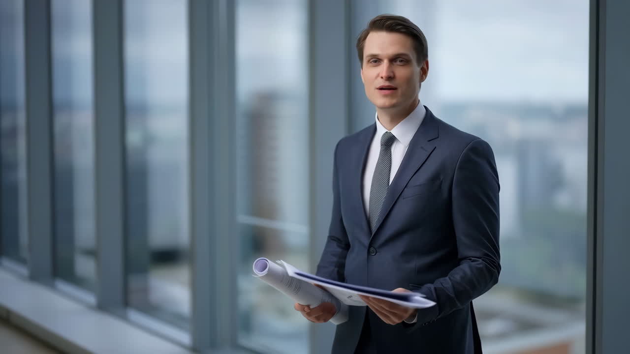 Professional Businessman with Documents in a Modern Office Building