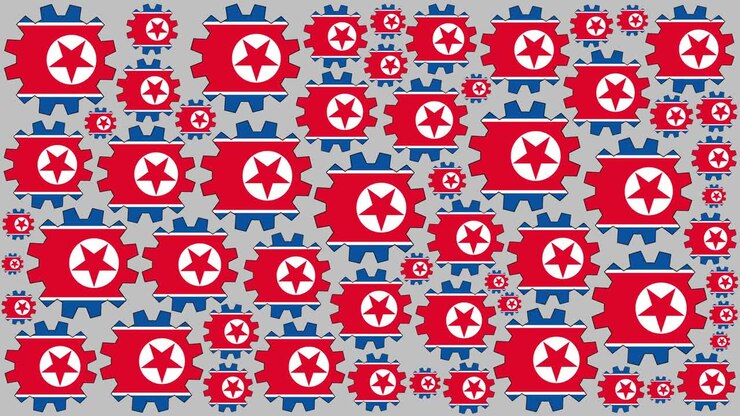 North korean flag gears spinning background