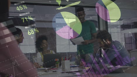 animation of financial data processing over diverse business people in office