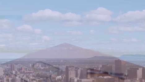 animación de un hombre de negocios apretando la mano sobre el paisaje urbano