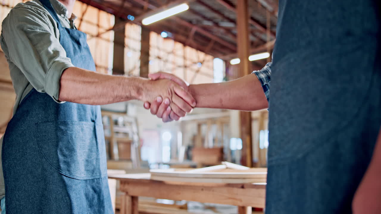 Stretta di mano professionale tra due lavoratori in un'officina