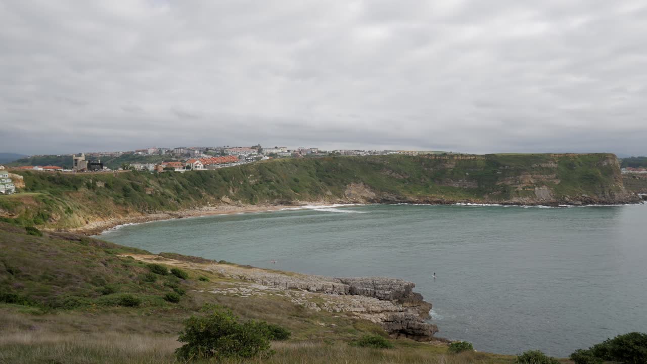 Scenic view of Playa De Los Locos in Suances, Cantabria, Spain with cliffs