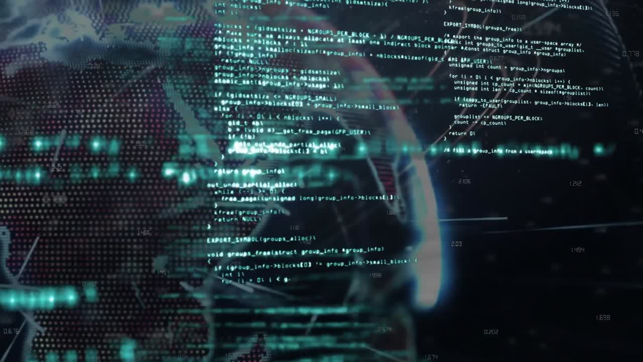 Animation of computer programming language over rotating globe on black background