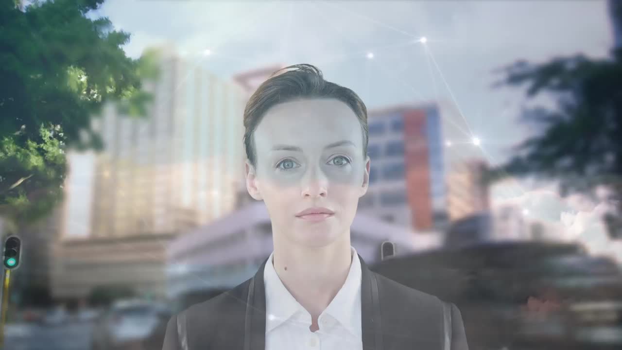 카우카스계 사업가 여성의 애니메이션과 도시 풍경에 대한 연결 네트워크