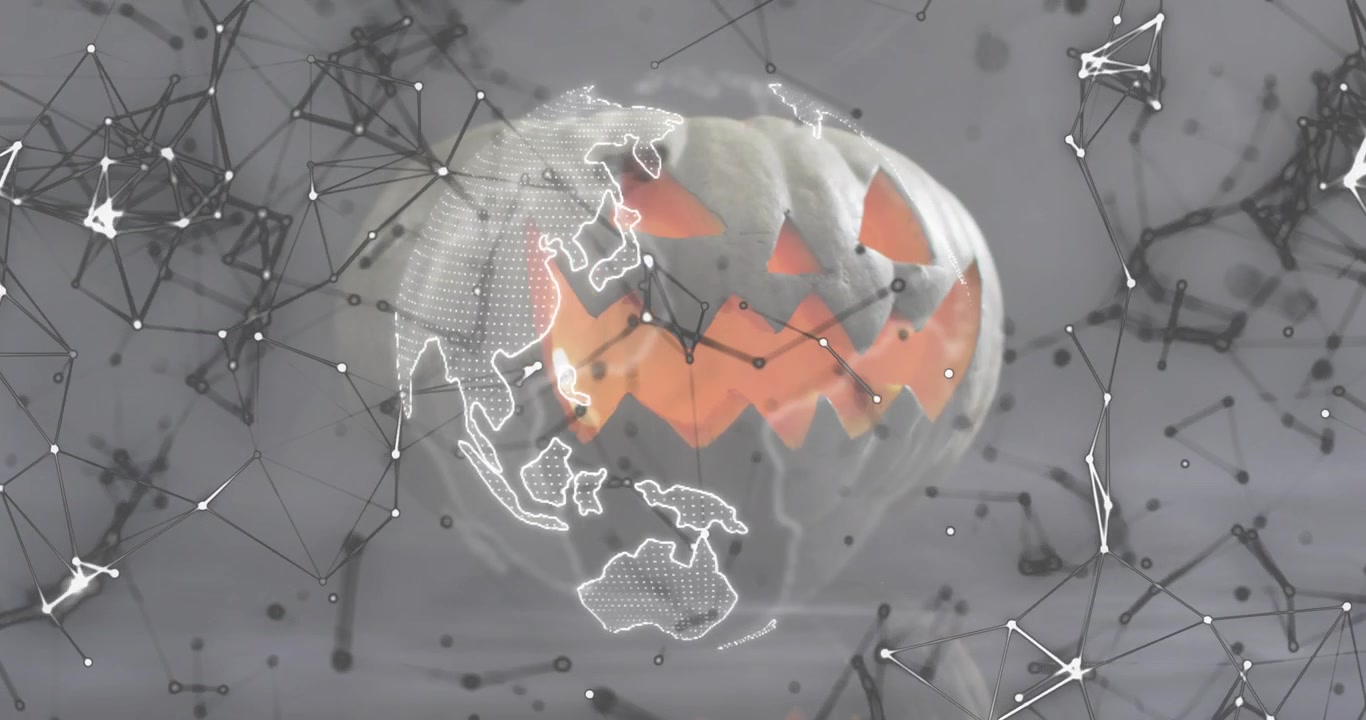 Névoa revelando uma jack-o-lantern brilhante com nós cintilantes, um globo wireframe girando destacando a rede