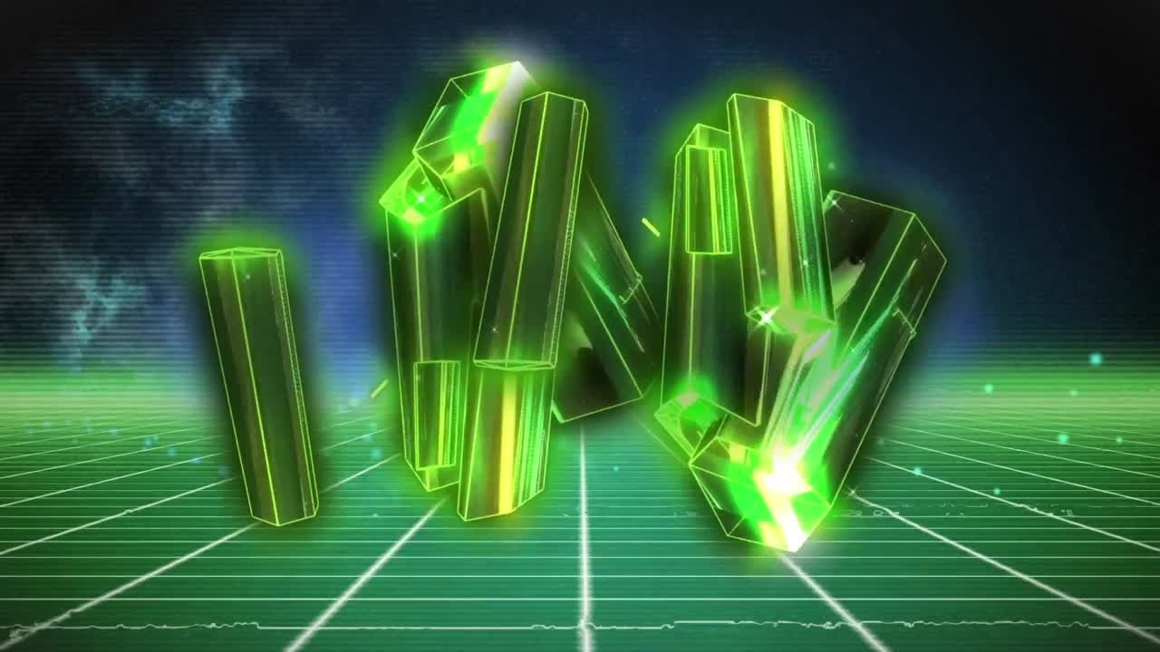 메타버스 그리드 위에 회전하는 반이는 녹색 블록의 애니메이션