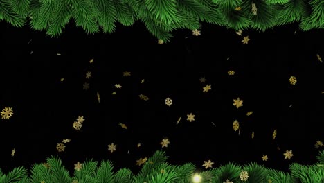 Animation-of-gold-snowflakes-falling-on-black-background-with-christmas-tree-border