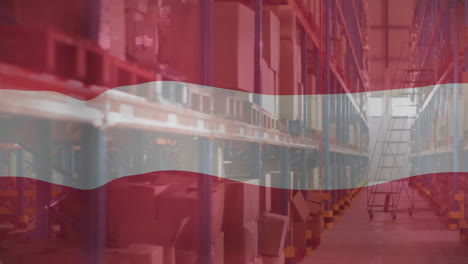 animation of waving national flag of austria over empty warehouse with boxes on shelves and ladder