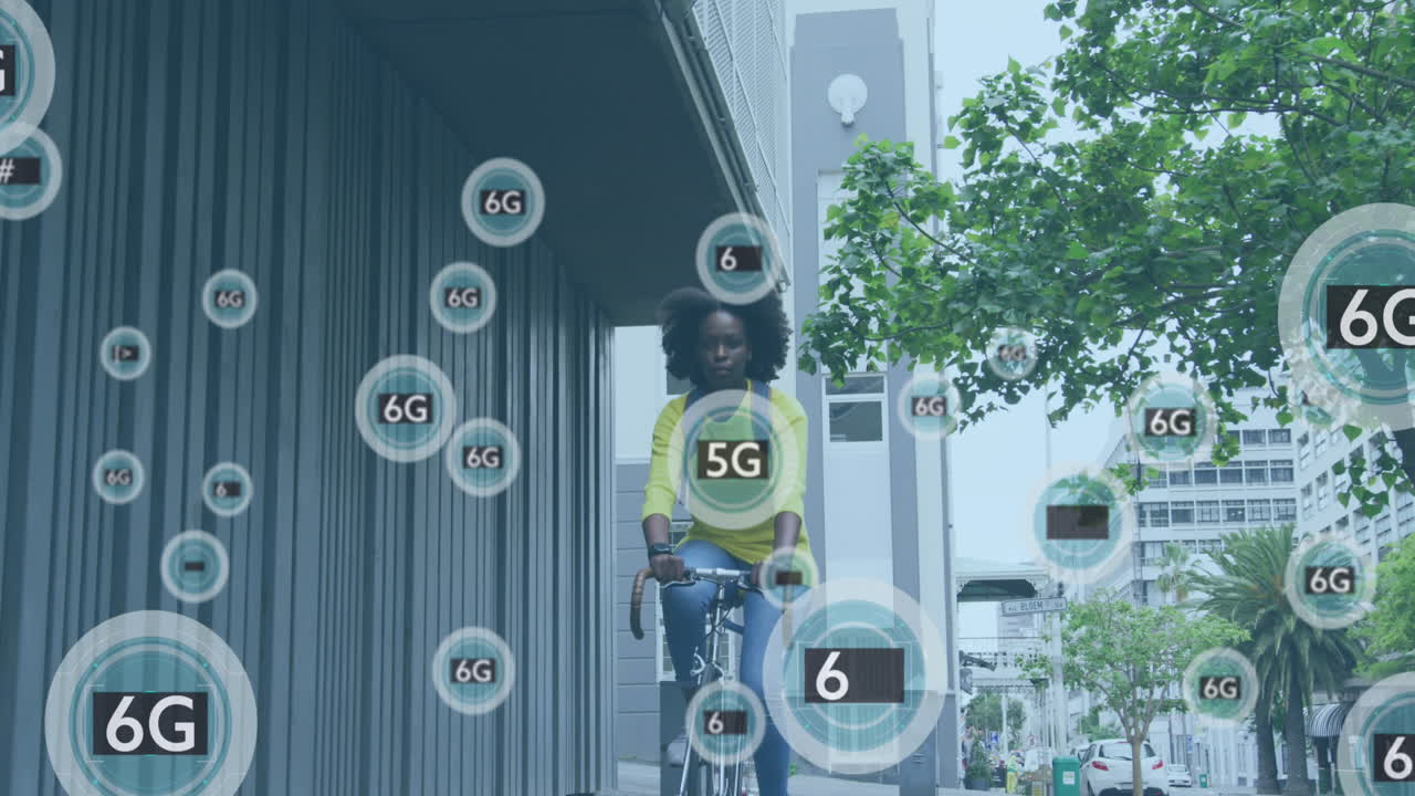 Animation of 6g icons over african american woman riding bike in city street