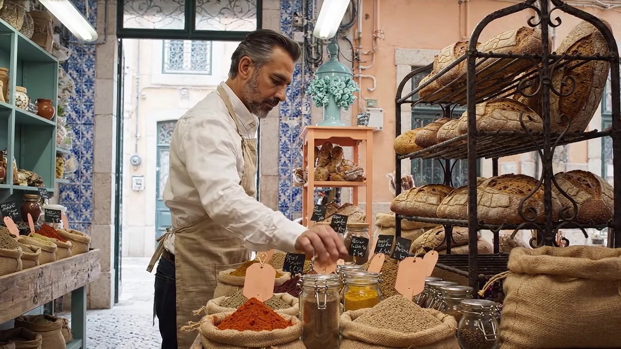 Fornaio artigianale in un mercato vivace con pane fresco e spezie, che espone delizie culinarie e il fascino di una vetrina rustica.