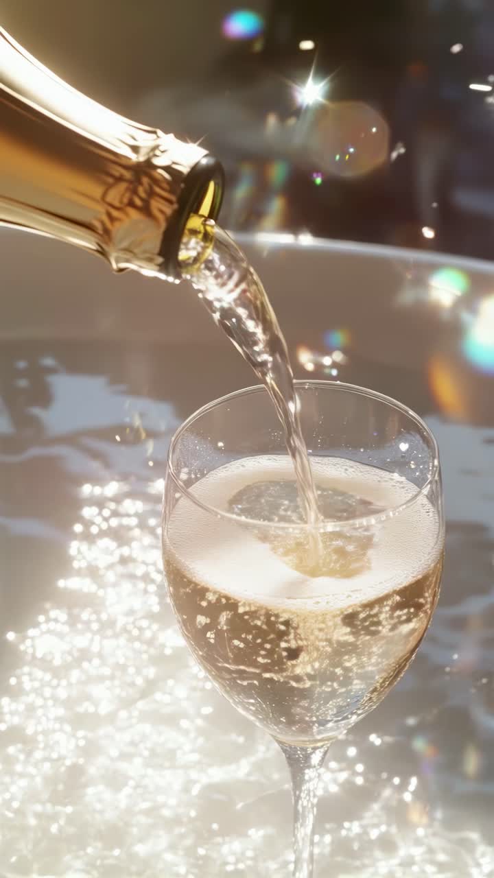 Primo piano, inquadratura dall'alto di champagne che si versa in un bicchiere, che cattura bollicine scintillanti e giochi di luce.