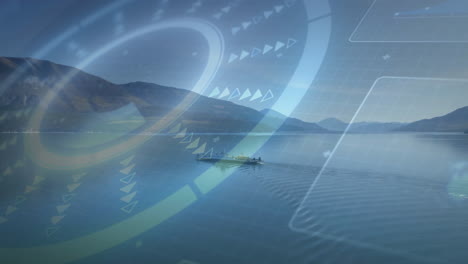 futuristic data interface animation over serene lake and mountains landscape