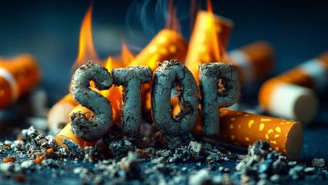 smokers: quit for your health!. ash-covered letters spell out stop amidst burning cigarette butts, emphasizing the danger of smoking at night.