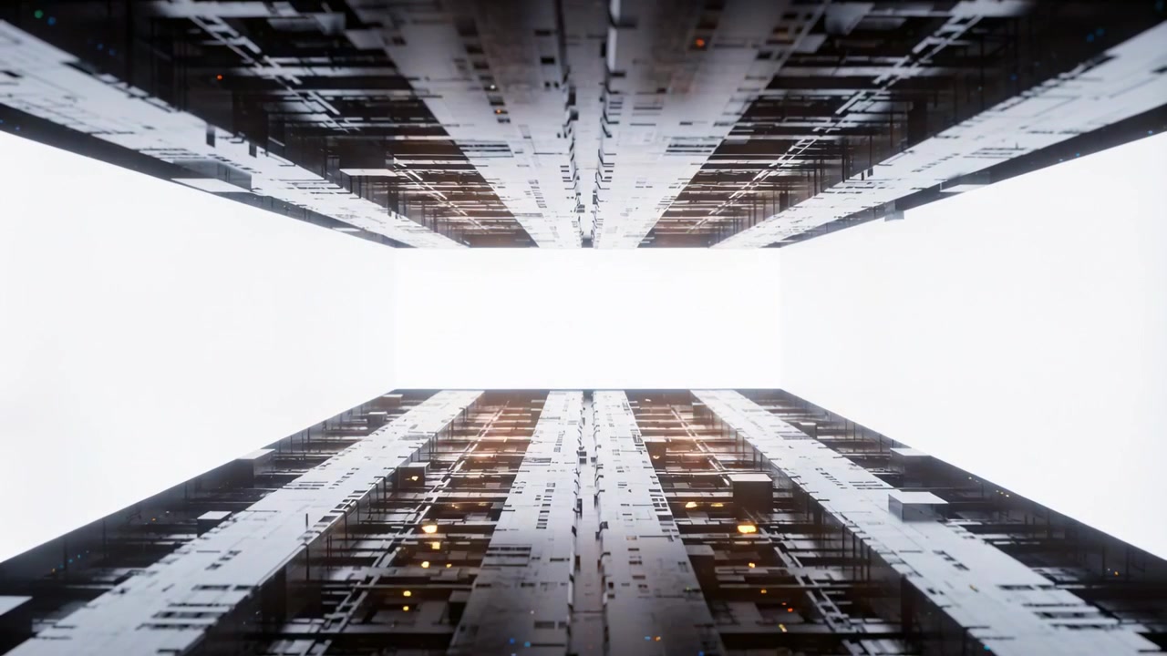 Telecamera che inizia a muoversi verso l'alto tra due facciate a pannelli gemelle in un canyon urbano, rivelando un cielo luminoso.