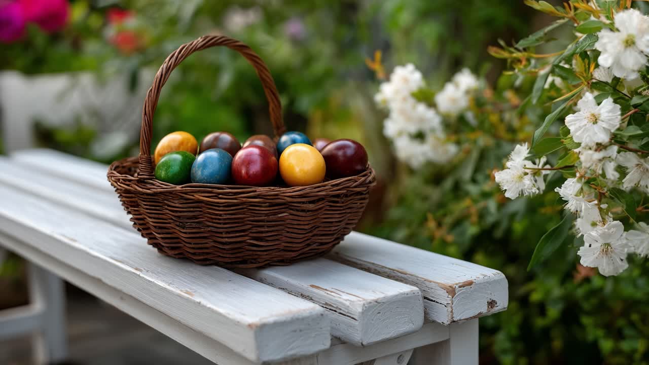 A vibrant basket filled with colorful eggs rests on a weathered wooden bench amidst lush greenery and blooming flowers, showcasing nature's beauty in spring