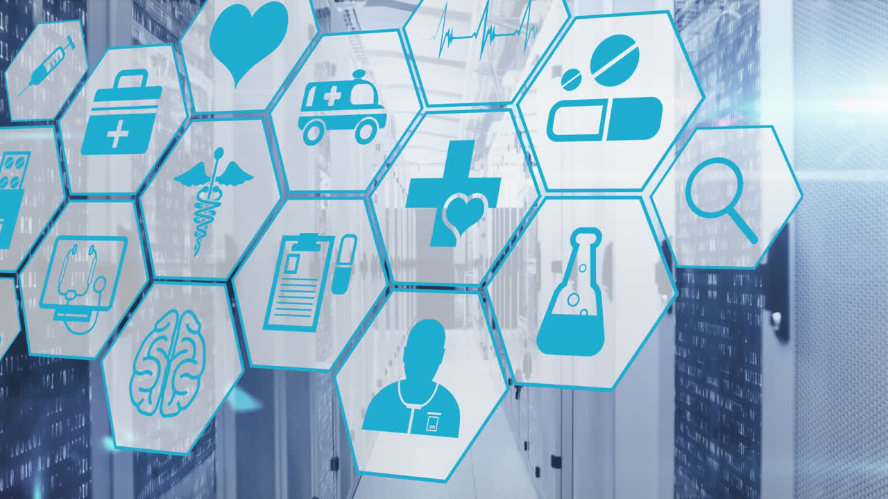 컴퓨터 서버  ⁇ 에 대한 여러 의료 아이콘의 애니메이션