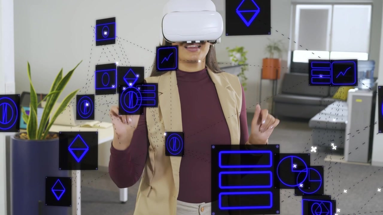 Donna con visore VR che attiva l'interfaccia utente, interagendo con gesti di allungamento e scorrimento, mentre analizza grafici aziendali.