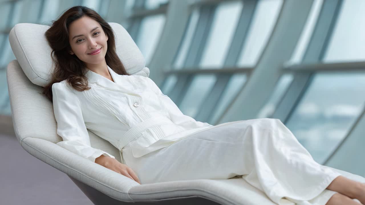 A Relaxed Woman in Elegant White Attire Enjoys a Serene Moment While Reclining Comfortably in a Stylish Modern Lounge, Surrounded by Panoramic Windows and Natural Light
