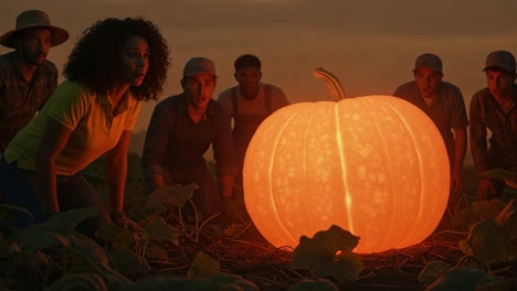 amidst a glowing pumpkin in the twilight, enthusiastic individuals gather around, captivated by the mystique and charm of the enormous harvest offering
