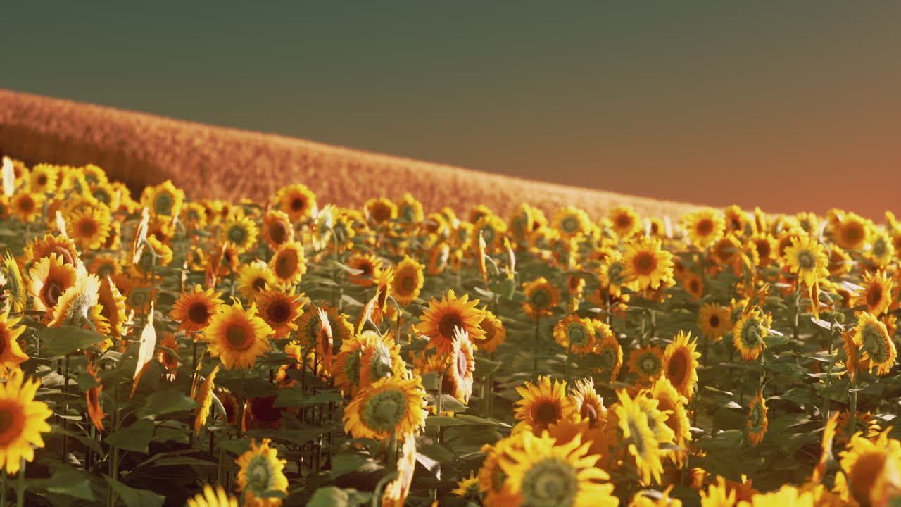 꽃이 피는 해바라기 들판 의 배경 은 해가 지는 곳 이다