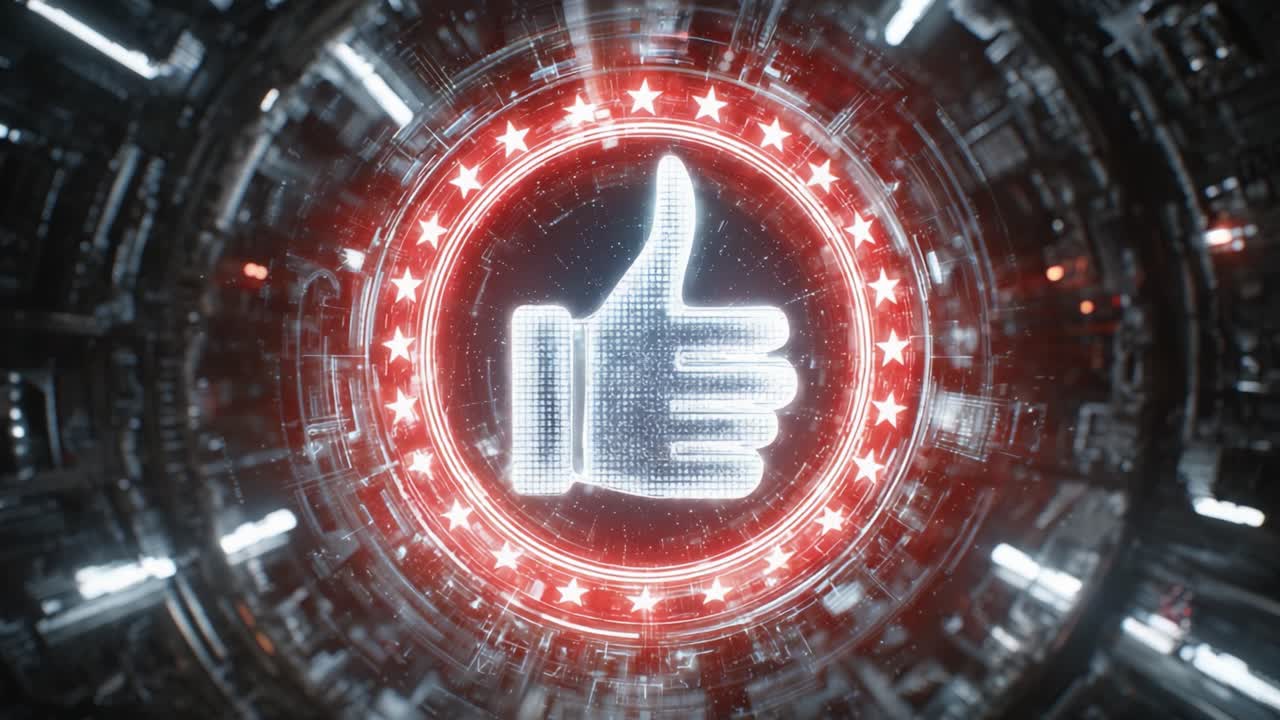 A striking visual representation of approval, featuring a glowing thumbs-up symbol encircled by stars, symbolizing positivity and excellence in a futuristic atmosphere