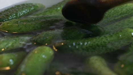 cucumbers float in a bowl full of water, they are stirred with a spoon